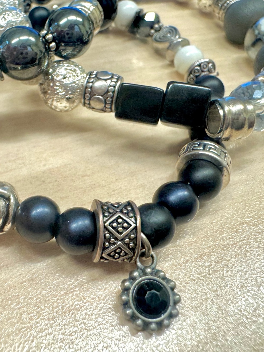 Black Beaded Charm Bracelets with Silver Accents